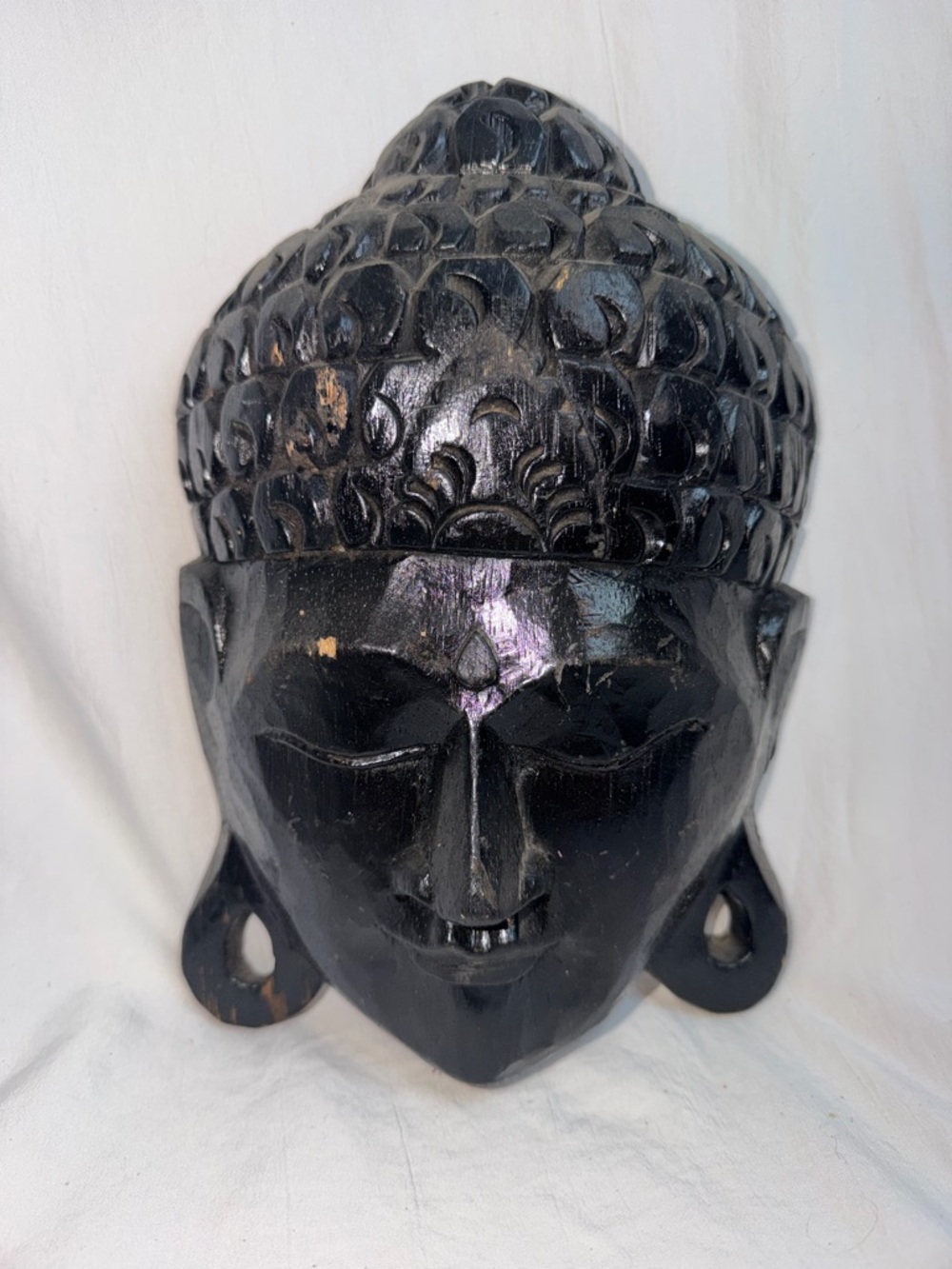 Vintage Hand Carved Wood Buddha Mask Wall Hanging Black Distressed 9.5" - Picture 2 of 6